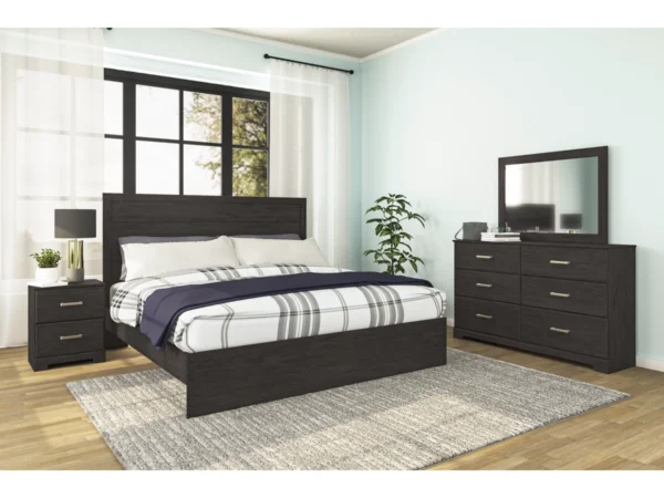 Belachime King Panel Bed with Mirrored Dresser and Nightstand