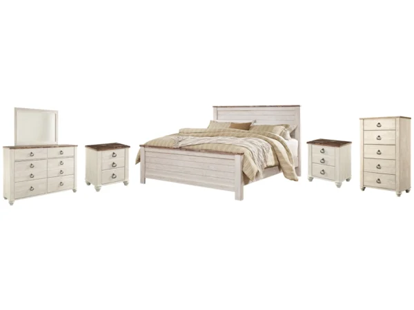 Willowton King Panel Bed with Mirrored Dresser, Chest and 2 Nightstands